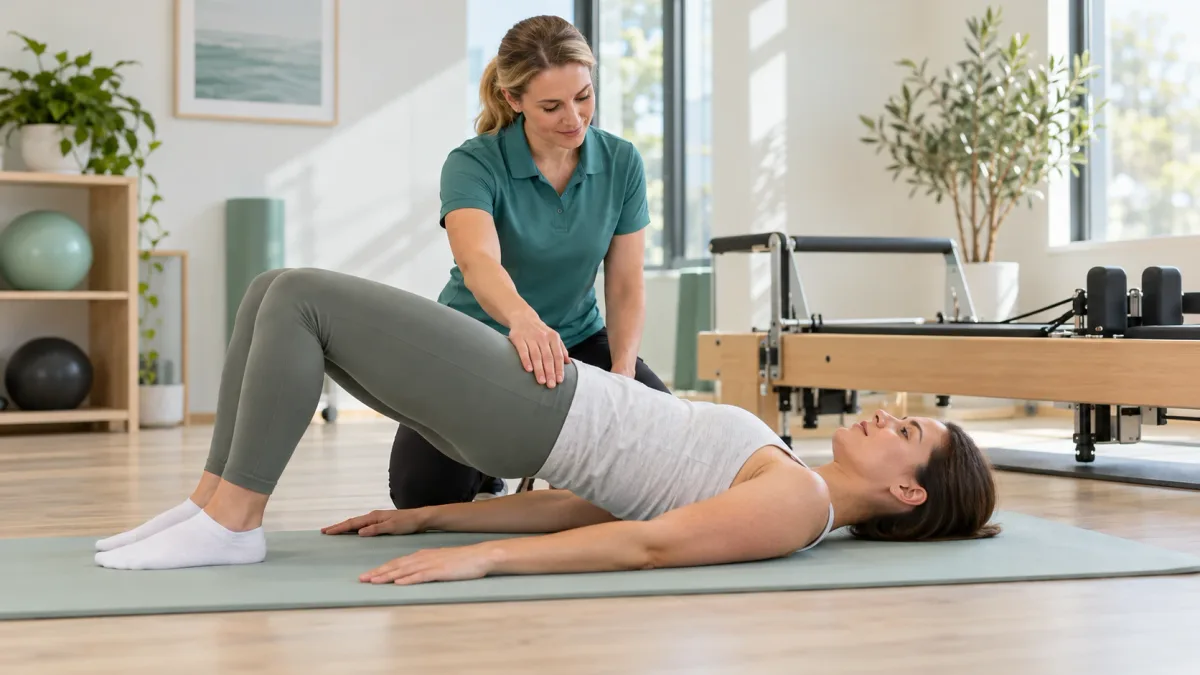 A clinician guiding a patient through a glute bridge on an exercise mat, with a Pilates reformer in the background