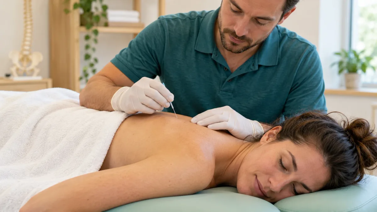 A gloved clinician placing a fine needle in a patient's upper back as the patient lies face-down on a treatment table