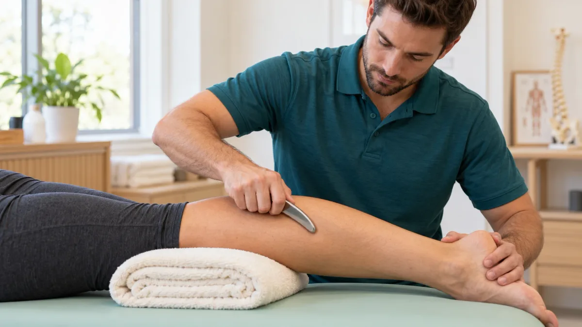 A therapist gliding a stainless steel scraping tool along a patient's calf