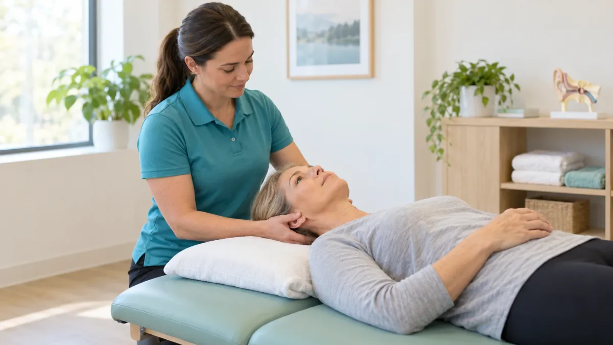 A clinician supporting a patient's head as the patient lies back on a treatment table during a dizziness assessment